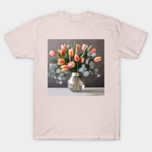 Pink Tulips and Eucalyptus Leaves in a Glass Vase T-Shirt